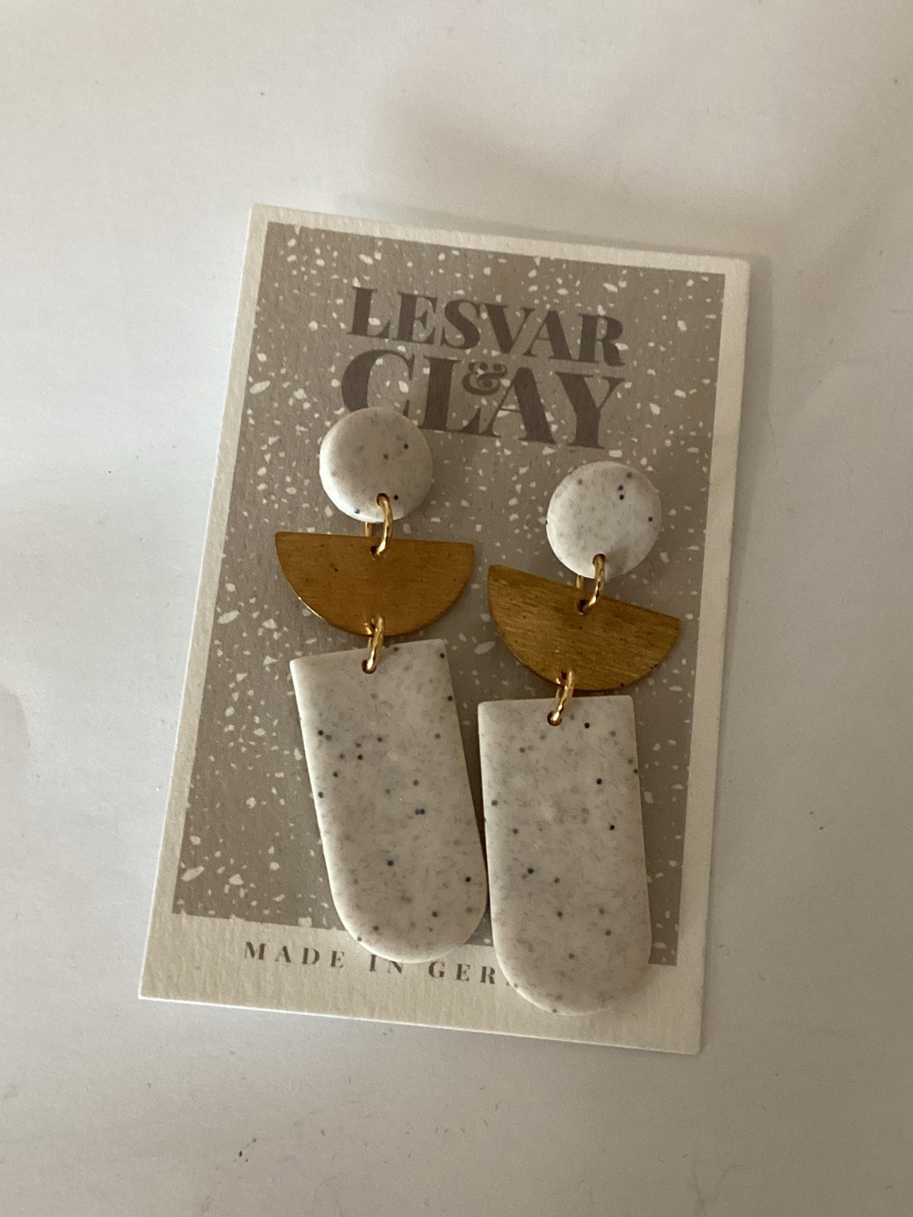 White Speckled Clay Drop Earrings with Gold Accent